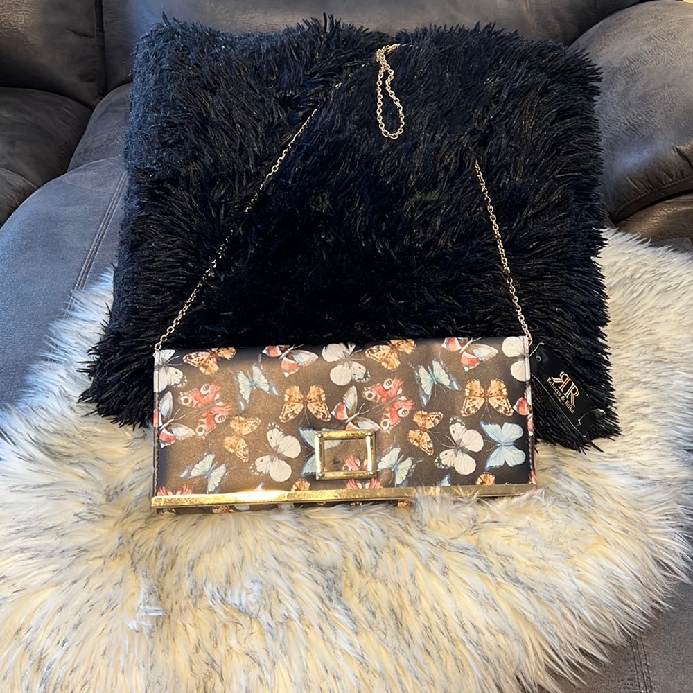 Black, multi color, Butterfly clutch
